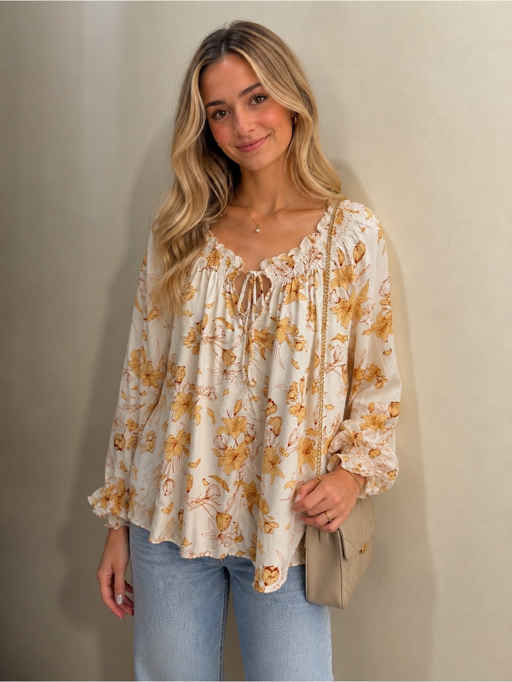 Millibon Floral Drawstring Boho Peasant‎ Blouse - Cream/Gold